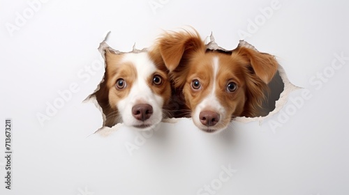 two dogs interacting with a white background and playfully peeking through torn paper holes