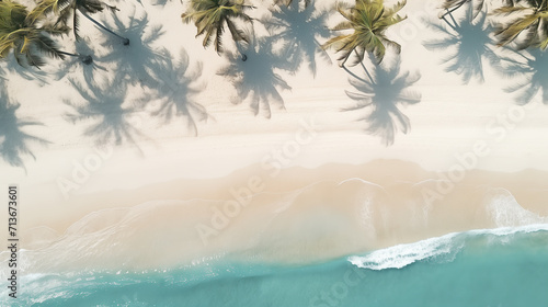 Palm trees casting shadows on a sandy beach, on a warm sunny day. White sand and idyllic, warm turquoise sea. Tropical summer nature. High angle, top view, drone view. Copy space.