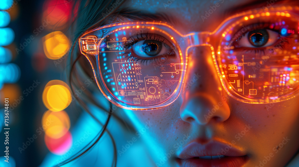 Neon Glamour: Close-up of a Beautiful Woman's Face with AI Glasses, ai generated Neon Glamour: Close-up of a Beautiful Woman's Face with AI Glasses, ai generated