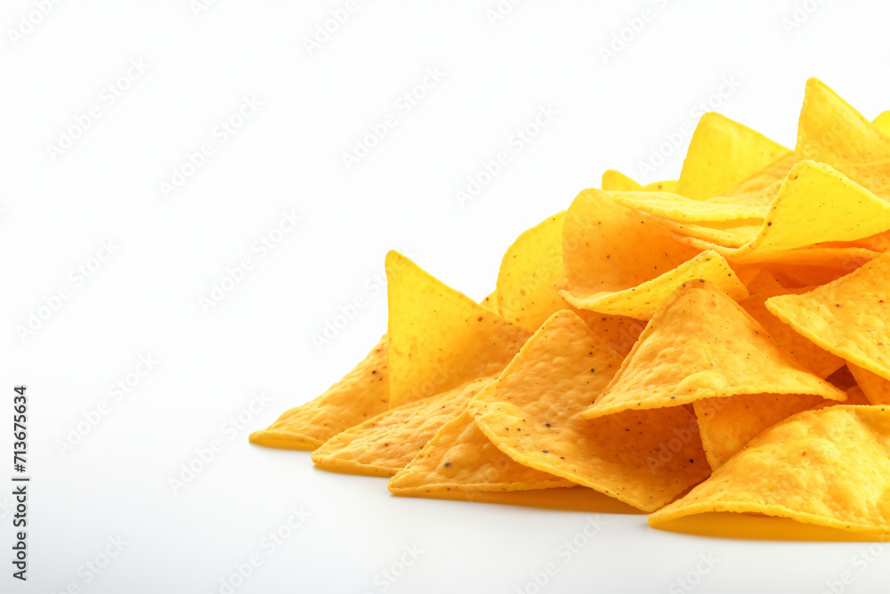 Naklejka premium Corn chips of triangular shape levitate on a white background Generative AI