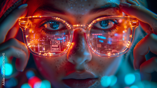 Neon Glamour: Close-up of a Beautiful Woman's Face with AI Glasses, ai generated