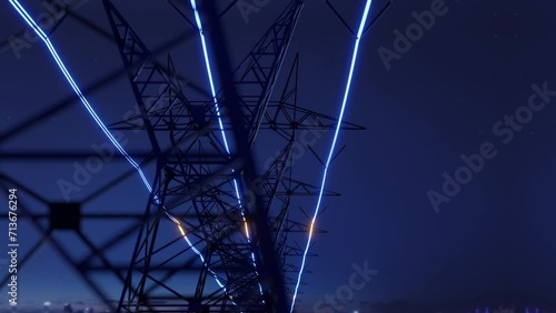 high voltage electric transmission tower with glowing current line, electrical power transmit through wire to city and house at night, Renewable green energy grid infrastructure concept 3d rendering 
