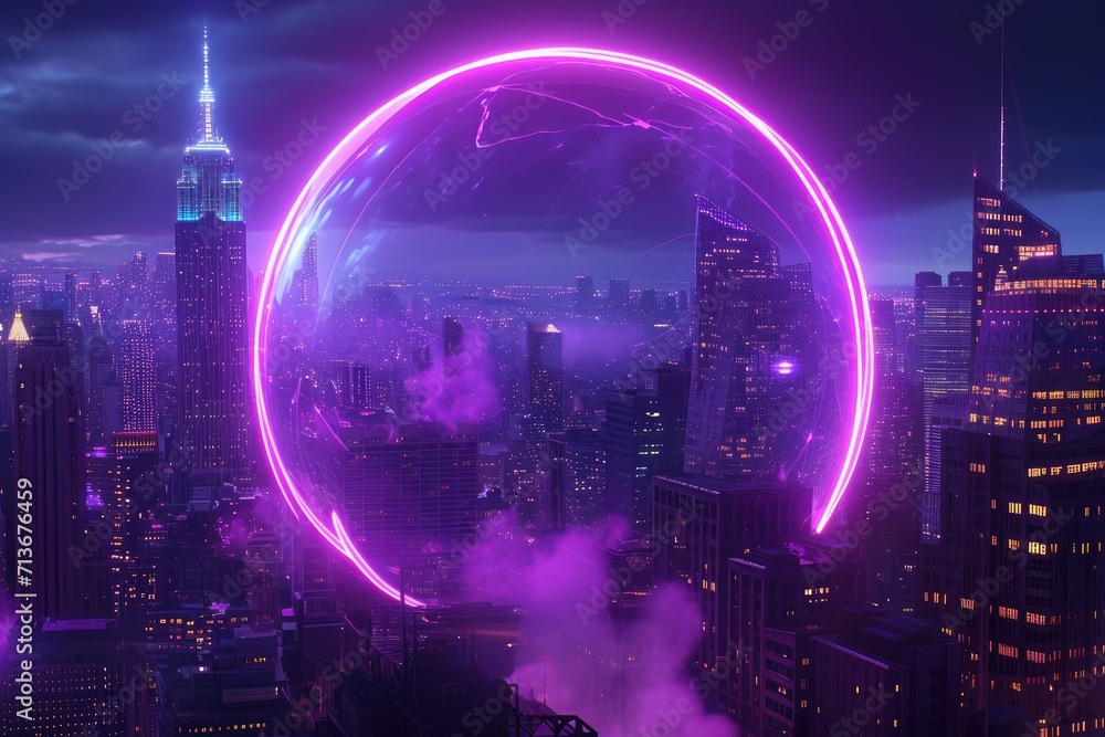 Obraz premium Purple circular bubbles. Stage backdrop, 3D illustration rendering, futuristic neon glowing room.
