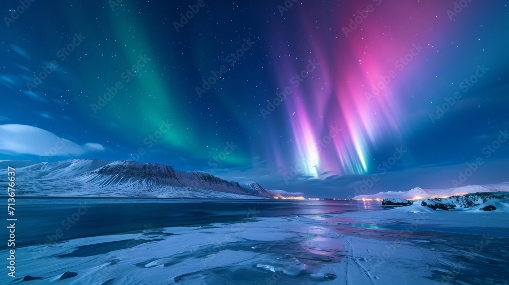 Aurora Lights Shine Brightly Over Frozen Lake