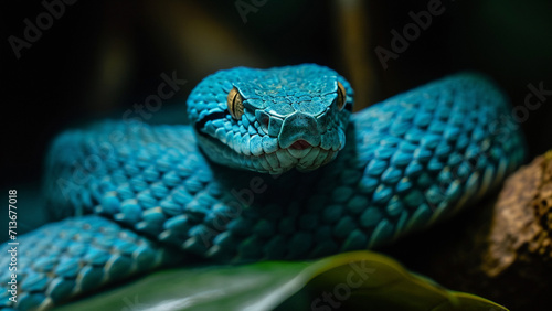 Blue viper snake on the branch in close-up