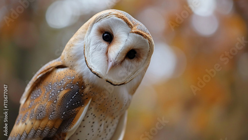 Common barn owl tilt head in wild forest close up
