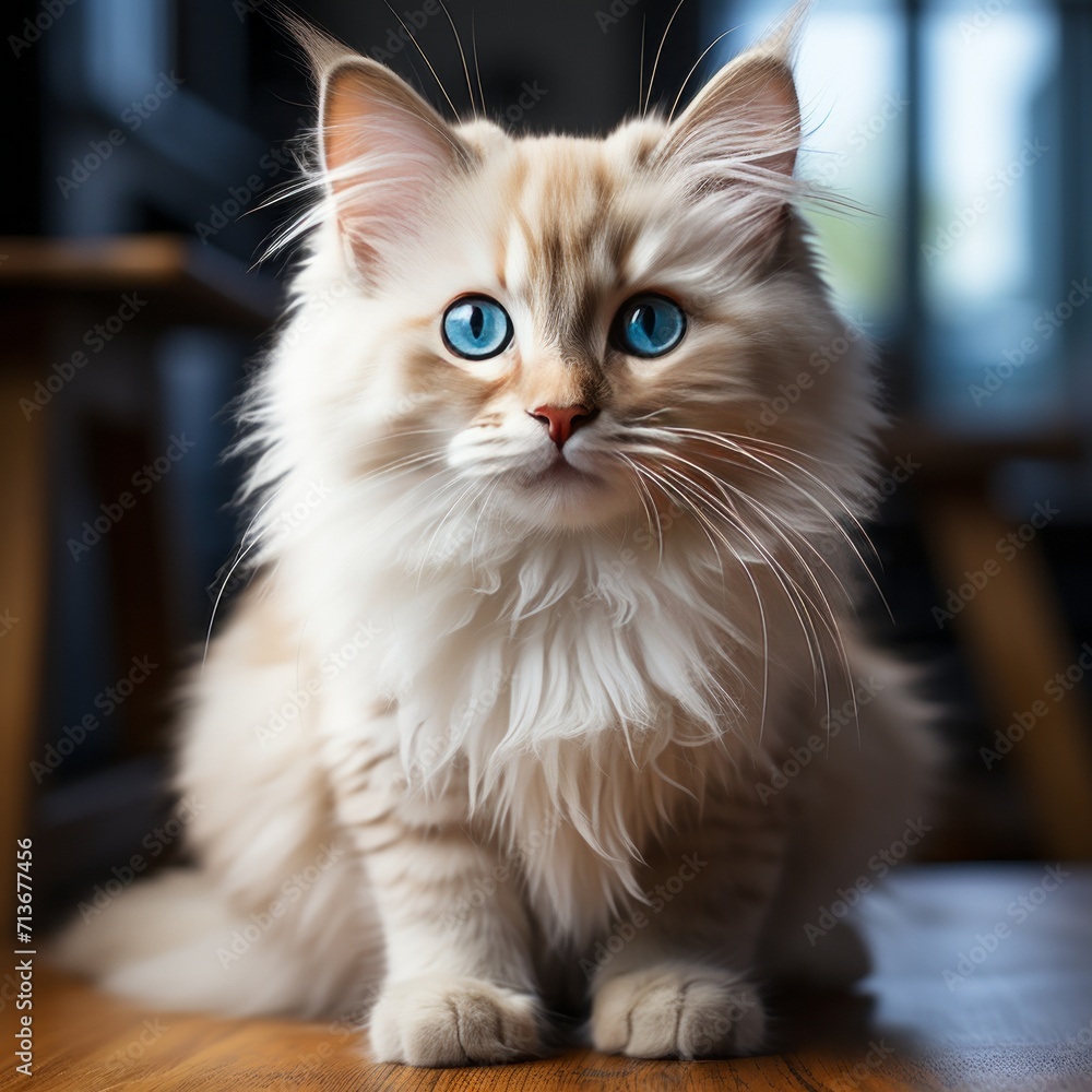 Cute kitten sitting looking at camera with blue eyes Fluffy fur

