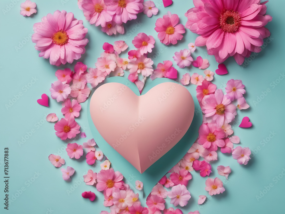 Creative layout with pink flowers, paper heart over punchy pastel background. Top view, flat lay. Spring, summer or garden concept - generated by ai