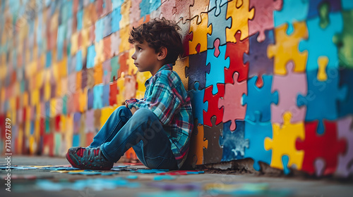World autism awareness day. Little boy sitting before the wall made from jigsaw puzzle pieces. Child autism concept. Generative AI