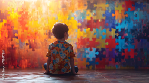 World autism awareness day. Little boy sitting before the wall made from jigsaw puzzle pieces. Child autism concept. Generative AI photo