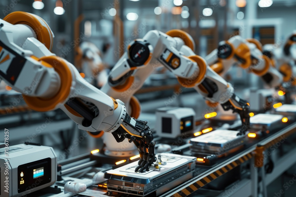 A futuristic image of robotic arms working seamlessly on an assembly line A futuristic image of robotic arms working seamlessly on an assembly line