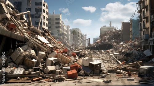 Multi-storey buildings collapsed due to natural disasters that hit a city. photo