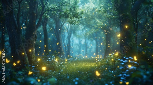 Serene Forest Glowing With Golden Fireflies on