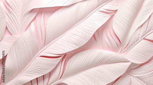 White, pink geometric floral banana leaves 3d effect wall texture, floral background illustration banner. Musa paradisiaca Linn abstract, feminine pink tropical leaves, ocean vacation panorama by Vita photo