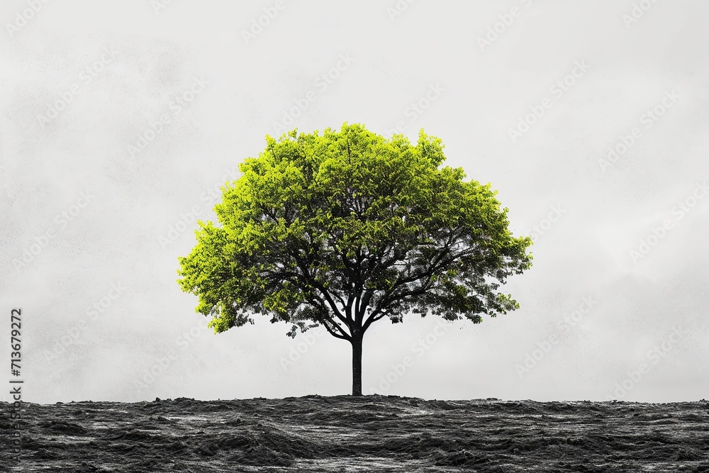 Obraz premium Nature and Sustainability: Vibrant Green Leaves on B&W Tree