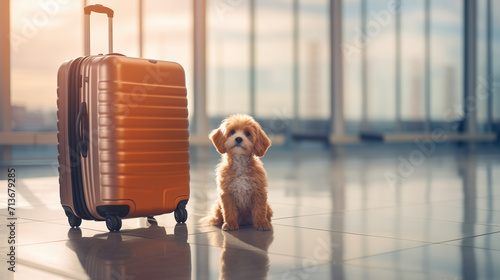 Cute caring dog at the airport guarding big orange suitcase, anticipating the return of the owner. Funny puppy taking care of luggage and waiting for his master. Copy space. photo