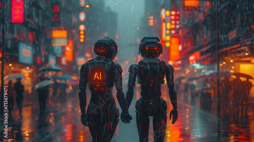 AI Robot Comfort: Hand in Hand in the Rainy City (AI Generated) photo