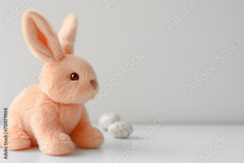 Peach Fuzz Easter Bunny Rabbit soft plushie toy sitting on table with white easter eggs and plain background for banner or product mockups for mothers, new moms, nursery decor or preschool fun poster photo
