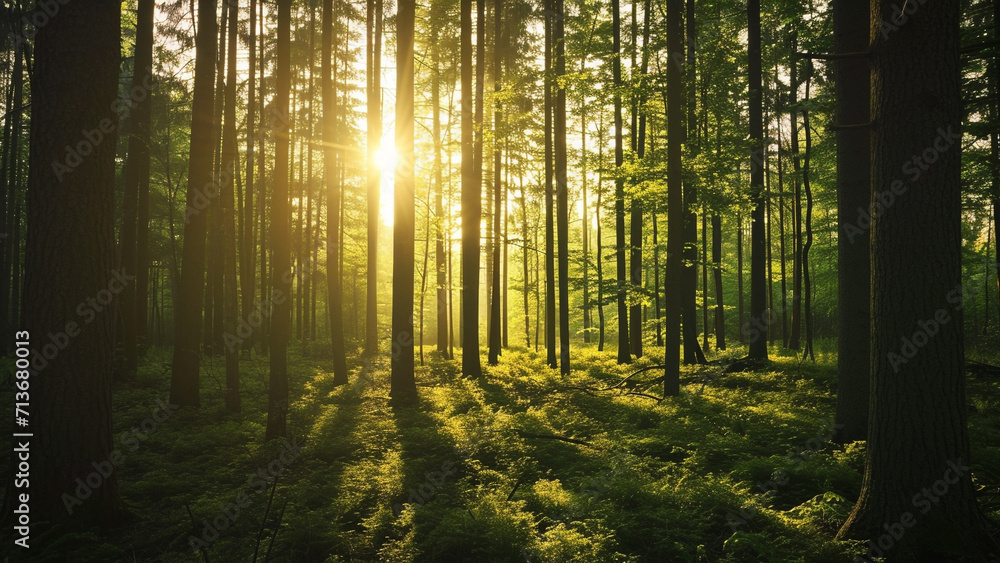 Obraz premium Green forest with morning bright sun rays through dense trees showing serene atmosphere