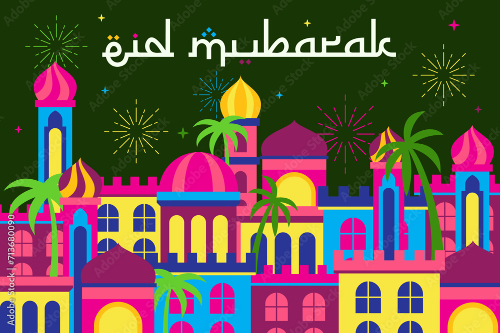 eid mubarak background with arabian night city. vector illustration