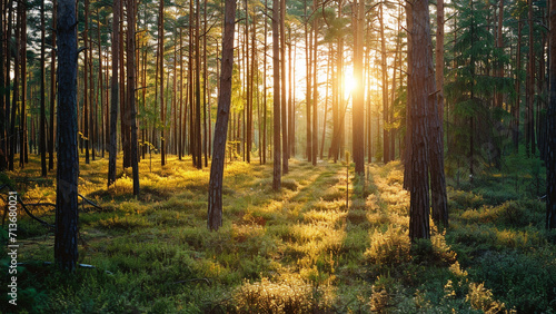 Pine forest with bright sun rays through dense trees showing serene atmosphere