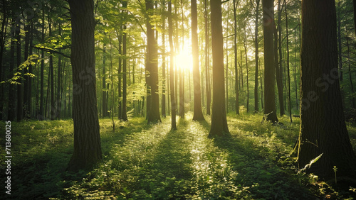 Abundant forest with sun rays through dense trees showing serene atmosphere