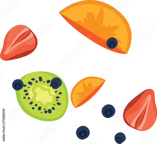 Colorful tropical fruits and berries composition. Flat design kiwi, strawberry, orange slice, and blueberries vector illustration.