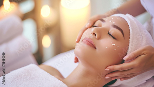 A Young beautiful woman receiving a facial treatment in professional beauty salon spa shows a calm and soothing environment aspects of professional care and pampering in the beauty industry
