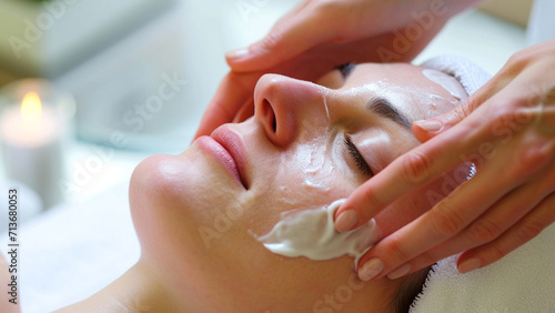 A Young beautiful woman's face being gently treated by skilled beautician in beauty salon spa shows calm and soothing environment