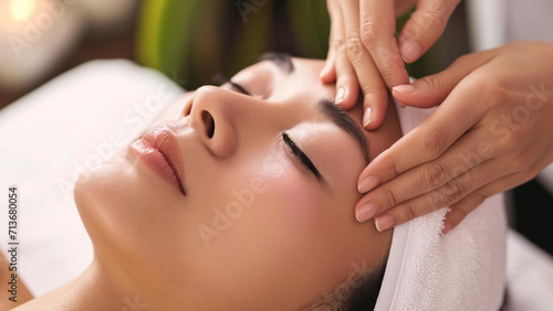 A Young beautiful woman receiving a relaxing facial treatment in a professional beauty salon spa shows a calm and soothing environment aspects of professional care and pampering in the beauty industry