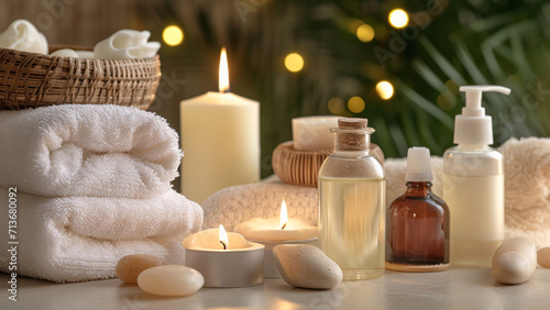 A serene spa compostion set in tranquil atmosphere represents the essence of self-care and luxury in health and beauty