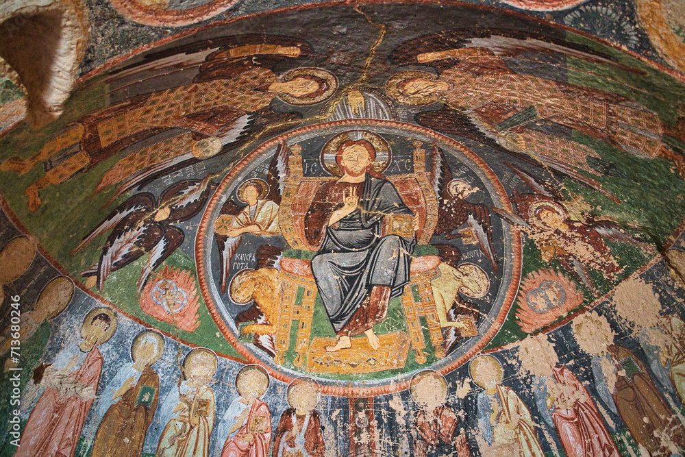 Hacli Church or Church of Three Crosses in Rose Valley has well preserved frescoes of scenes from Christian traditions in Byzantine style at Cappadocia, Anatolia, Turkey