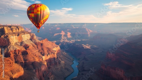 Hot Air Balloon Flying Over Beautiful Canyon