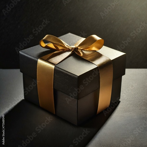 a luxurious gift box placed against a dark background, creating a sense of mystery and elegance in the context of Black Friday. Use rich colors and shadows to enhance the overall visual appeal.