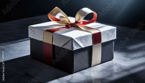 gift box with ribbon.a beautifully wrapped gift box set against a dark backdrop, utilizing subtle lighting effects to highlight the contours and details, creating an atmosphere of sophistication and e