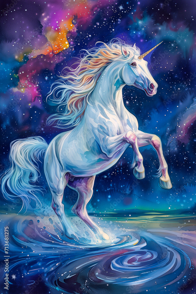 Fairytale white horse galloping in the night sky. Magical equestrian illustration for birthday card and children’s books by Vita