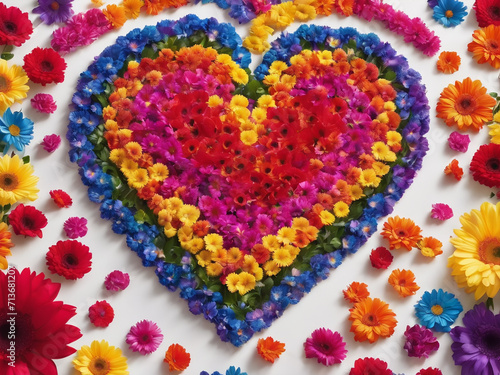 Rainbow color heart made of flowers isolated on white background. This illustration represents concept of love for LGBTQ, gay, lesbian, pride and bisexsual - generated by ai photo