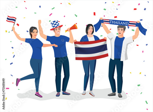 Thailand Asia fans team joy cup fun vector icon logo sign art ball game goal flag template male men boy girl young party set pose fun glory joy lover cheer sport pride day event graphic design crowd	