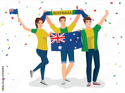 Australia fans team joy cup fun vector icon logo sign art ball game flag template male men boy girl young party set pose fun glory joy lover cheer sport pride day event graphic design	