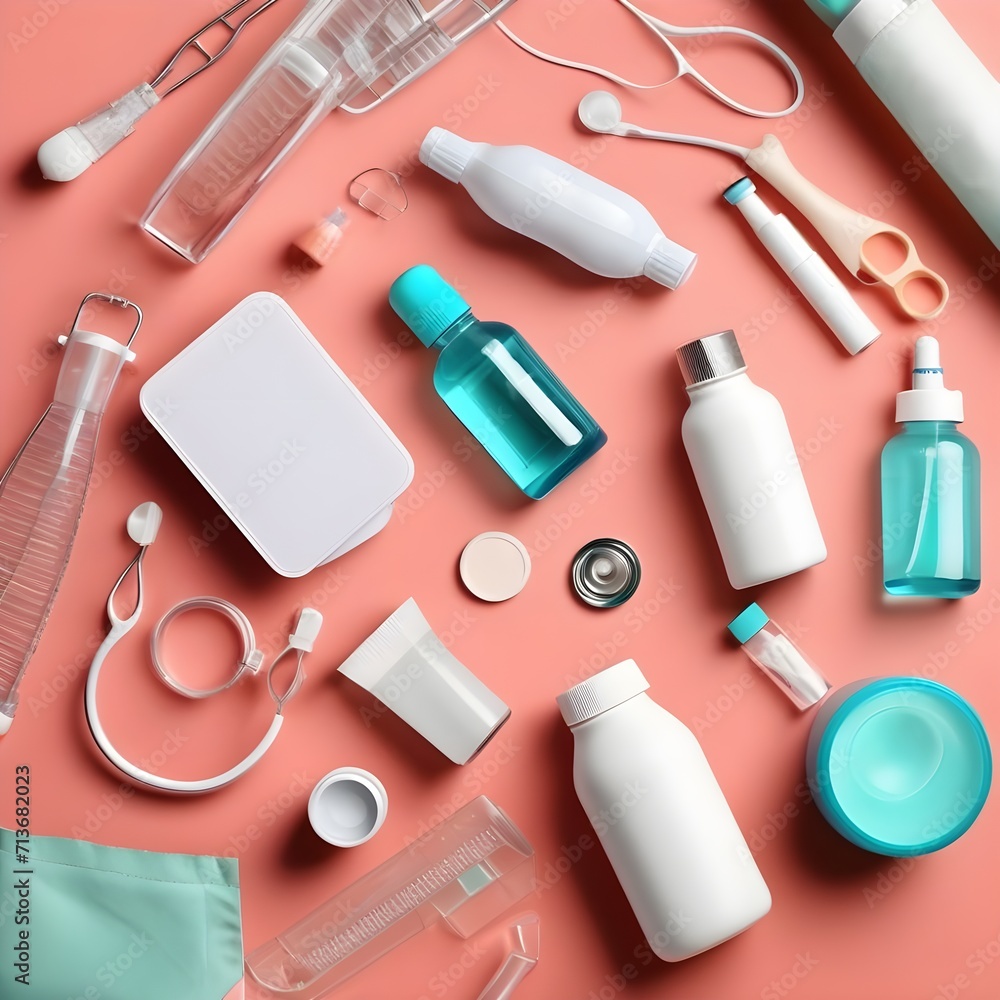 Children toys on pink background Flat lay of medical tools on colored background Children toys on pink background Flat lay of medical tools on colored background