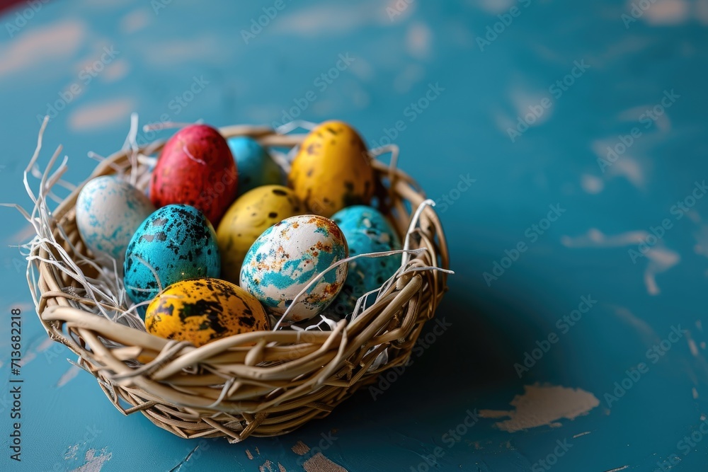 Easter eggs in wicker basket on blue background Easter eggs in wicker basket on blue background
