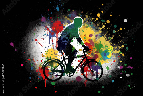 Splatter paint vector-style image of a drawing of a man crashing on a mountain bike