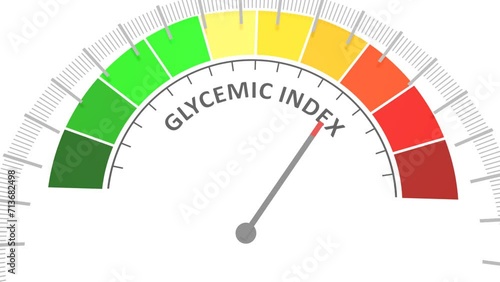 Glycemic index level on measure scale. Instrument scale with arrow. Colorful infographic gauge element. Flat diabetes healthcare animation. photo