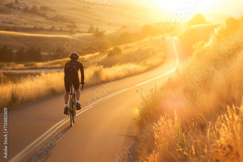 Cyclist Enjoying a Scenic Sunset Ride Along a Country Road © SMPTY