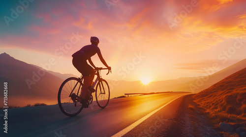 Cyclist Riding Towards Sunset on Mountain Road