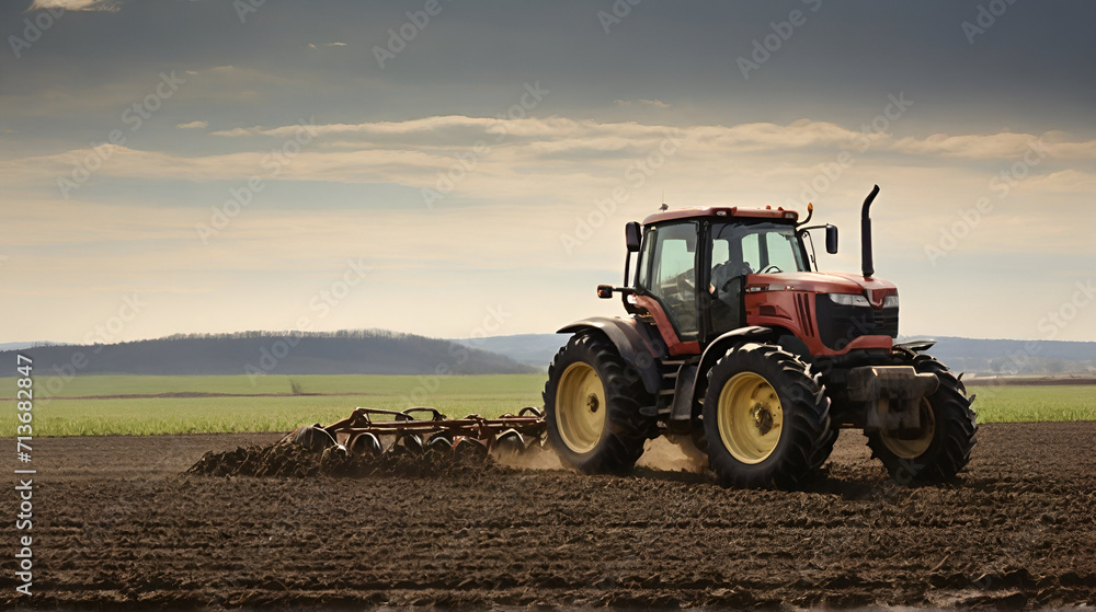 Fototapeta premium A tractor plowing a field. generated by AI