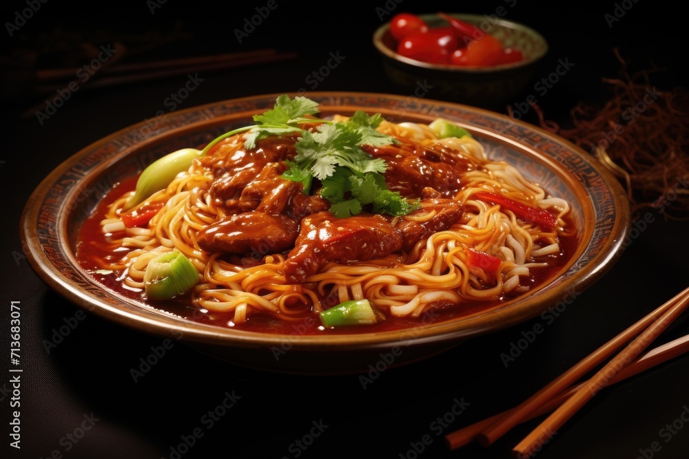 Chinese noodles in sauce with meat chunks and green onions on decorated plate Chinese noodles in sauce with meat chunks and green onions on decorated plate