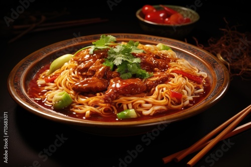 Chinese noodles in sauce with meat chunks and green onions on decorated plate