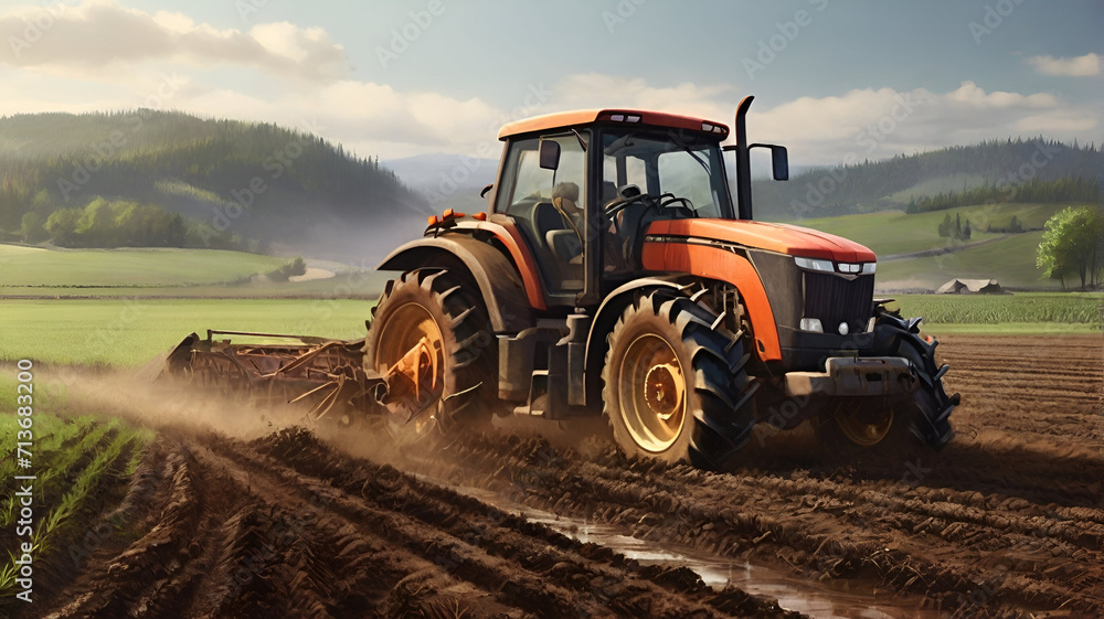 Fototapeta premium A tractor plowing a field. generated by AI