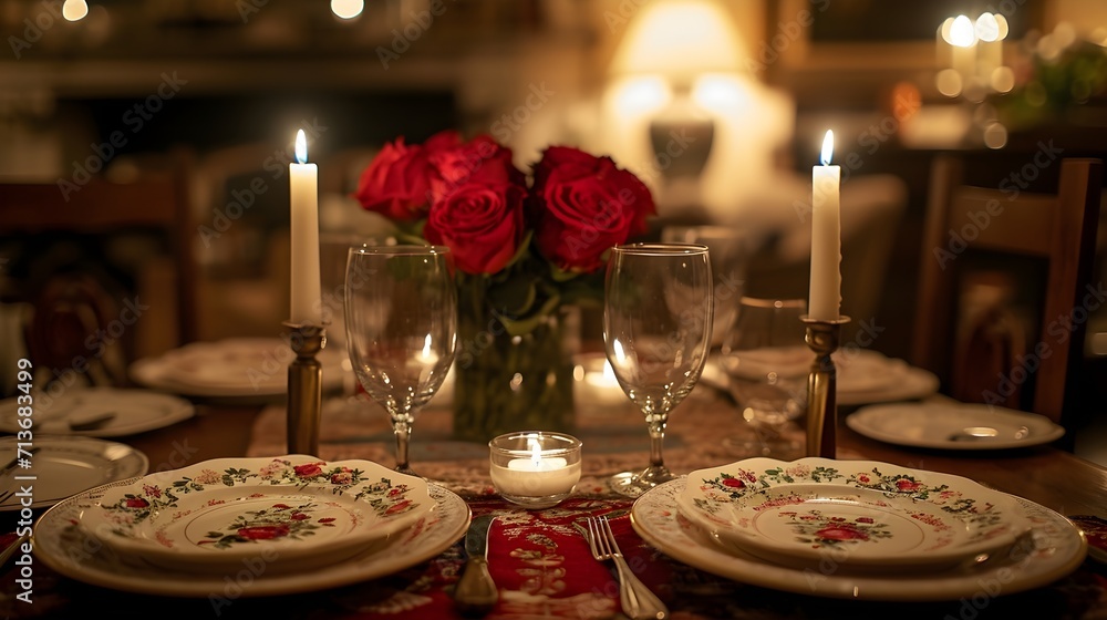 Naklejka premium Romantic Ambiance: Valentine's Day Dinner Table with Soft Candlelight and Roses